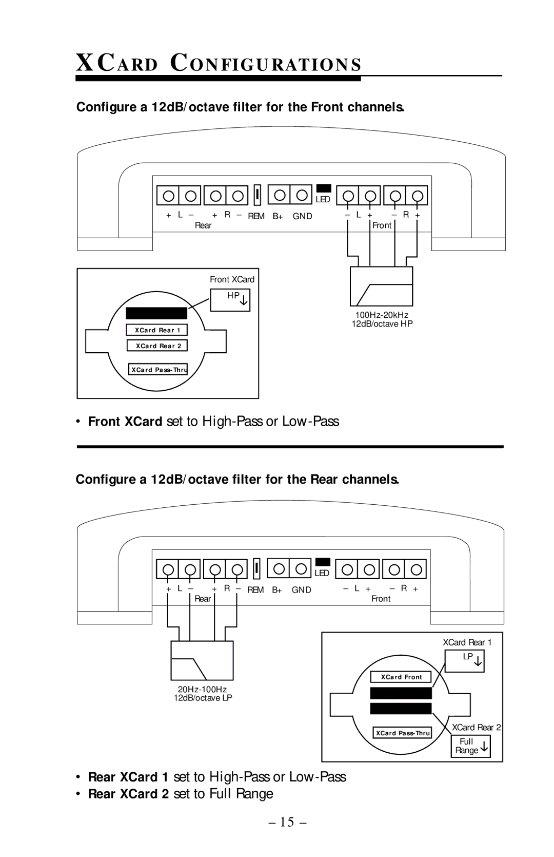 Rockford Fosgate 400x4 operation manual Xcard Configurations, Configure a 12dB/octave filter for the Front channels 