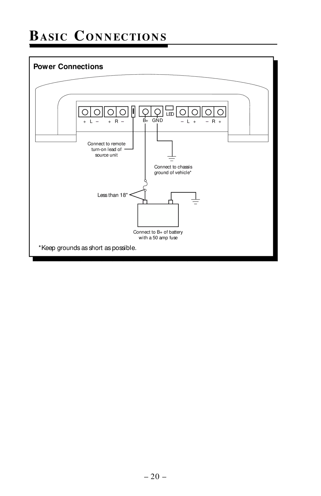 Rockford Fosgate 400x4 operation manual Ba S I C Co N N E C T I O N S, Power Connections 