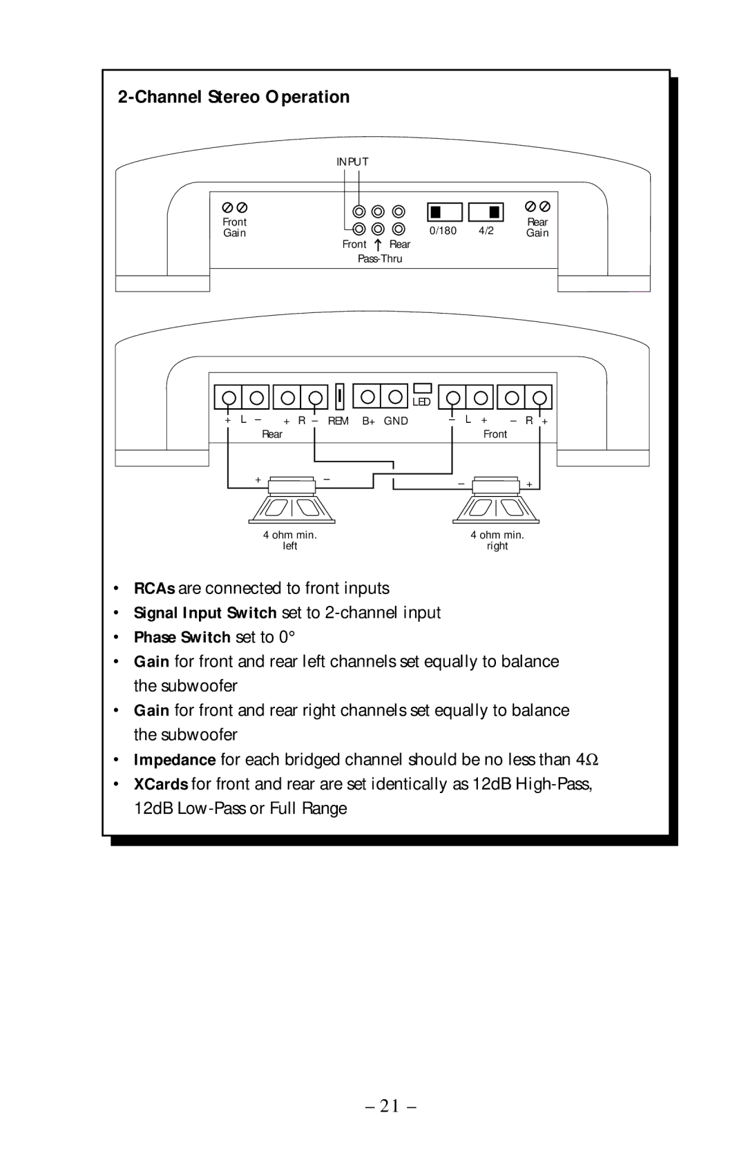 Rockford Fosgate 400x4 operation manual Channel Stereo Operation, Phase Switch set to 