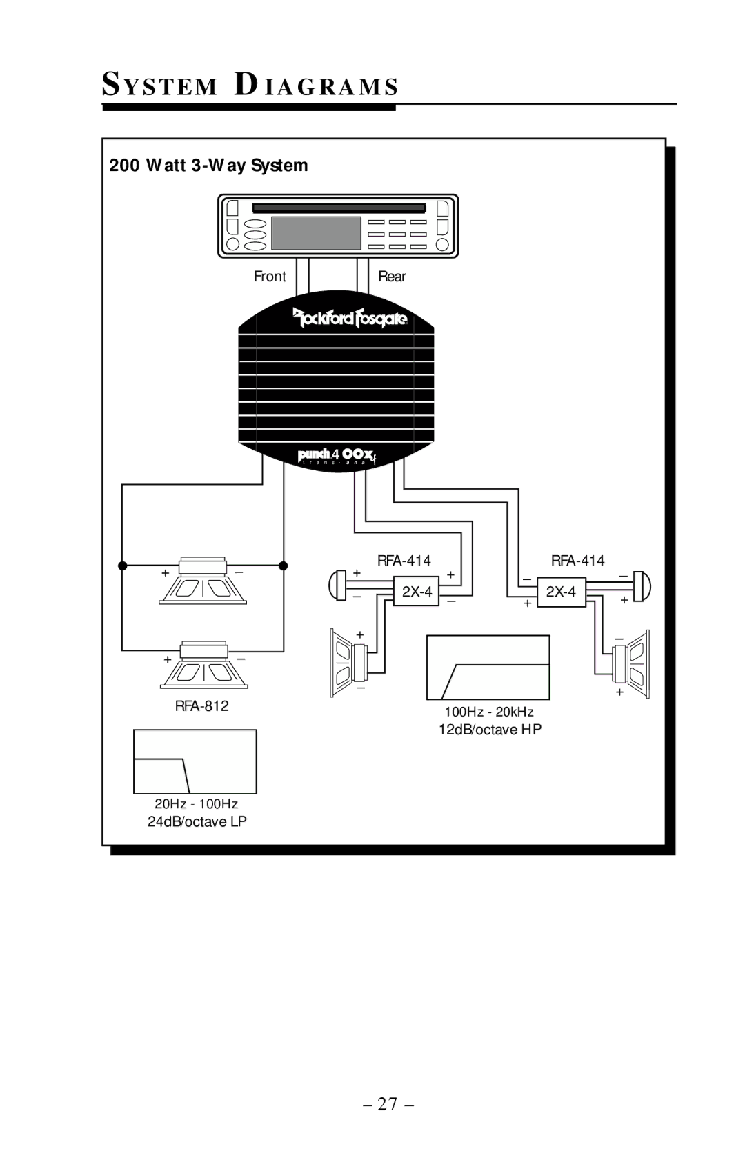 Rockford Fosgate 400x4 operation manual SY S T E M DI a G R a M S, Watt 3-Way System 