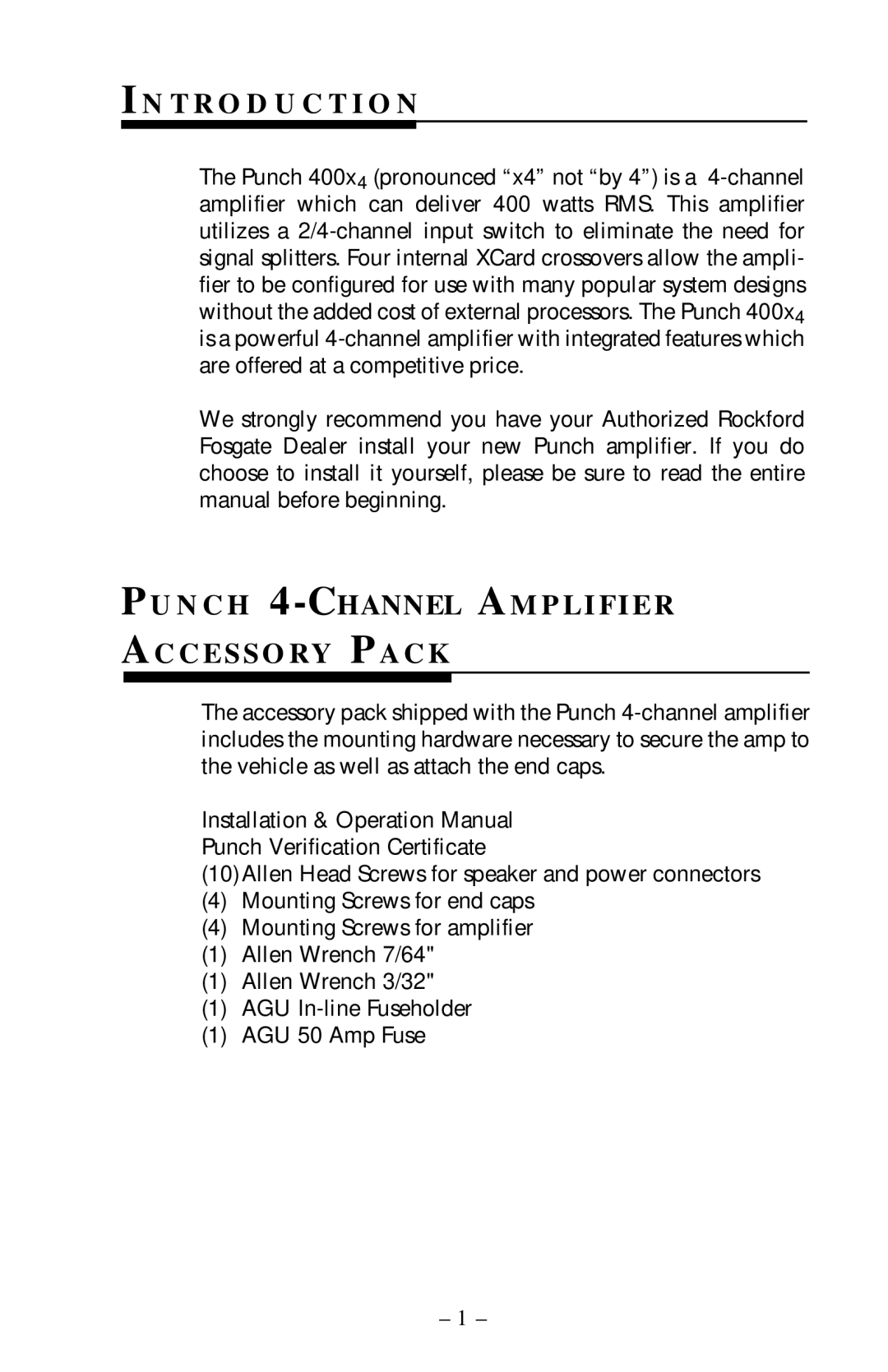 Rockford Fosgate 400x4 operation manual T R O D U C T I O N, PU N C H 4-CHANNEL AM P L I F I E R AC C E S S O R Y PA C K 