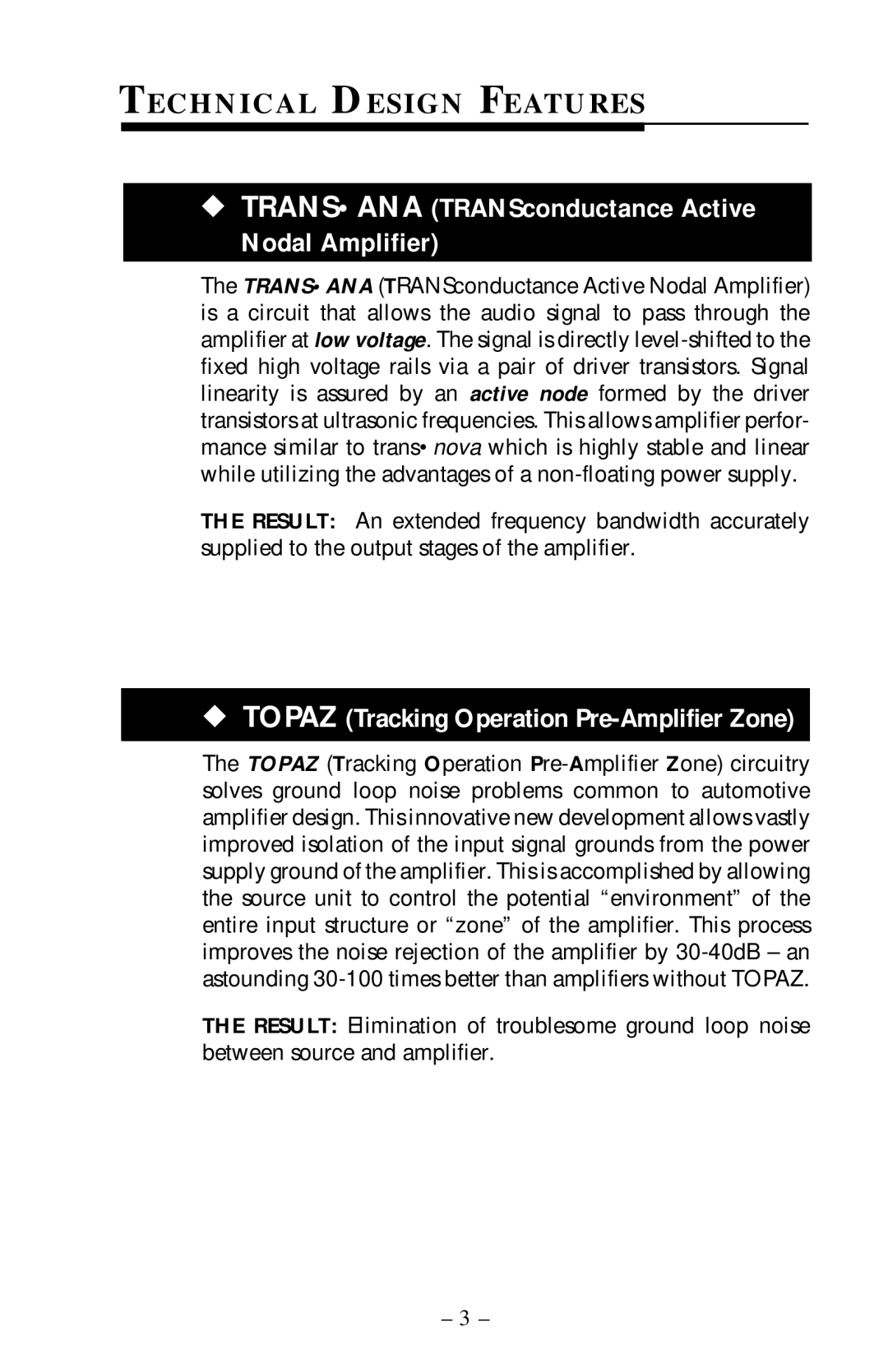 Rockford Fosgate 400x4 operation manual Technical Design Features, Transana TRANSconductance Active Nodal Amplifier 