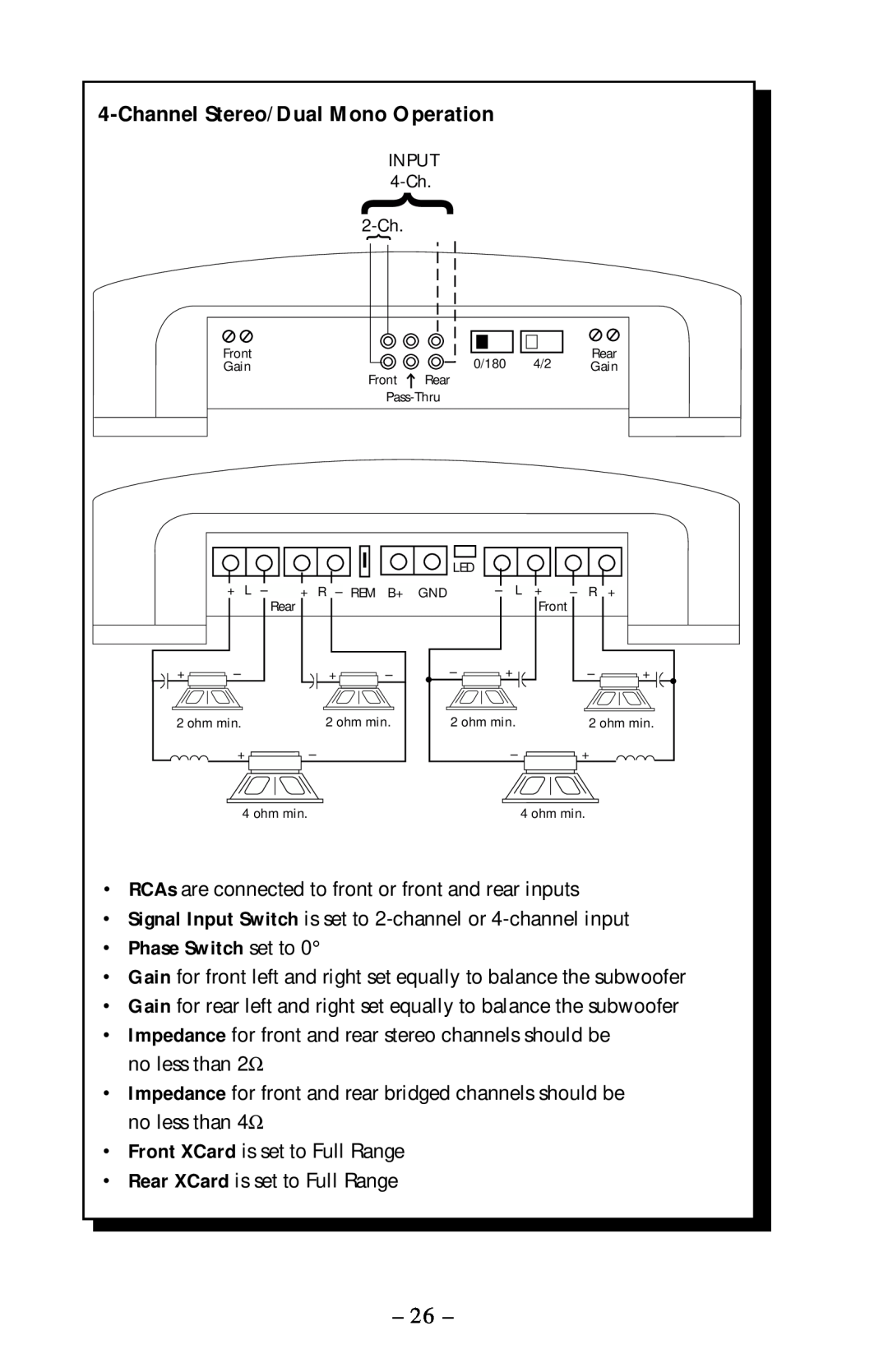 Rockford Fosgate 400x4 operation manual ChannelStereo/Dual Mono Operation, Phase Switch set to 