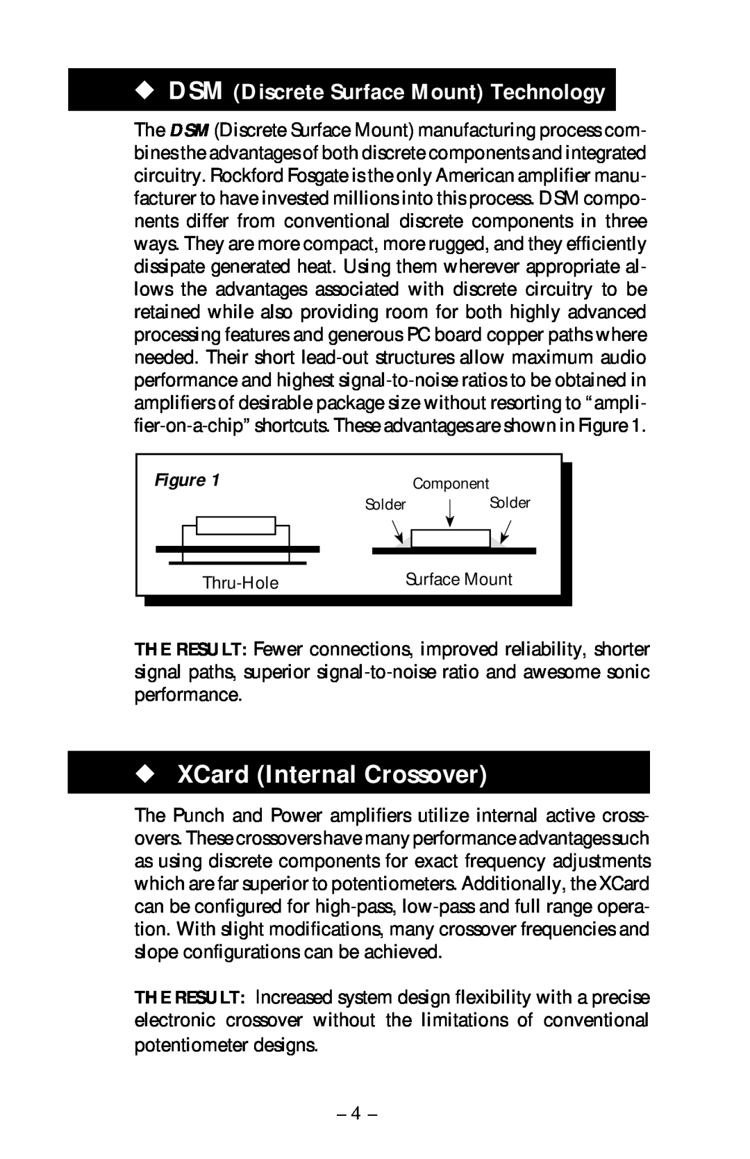 Rockford Fosgate 400x4 operation manual XCard Internal Crossover, DSM Discrete Surface Mount Technology 