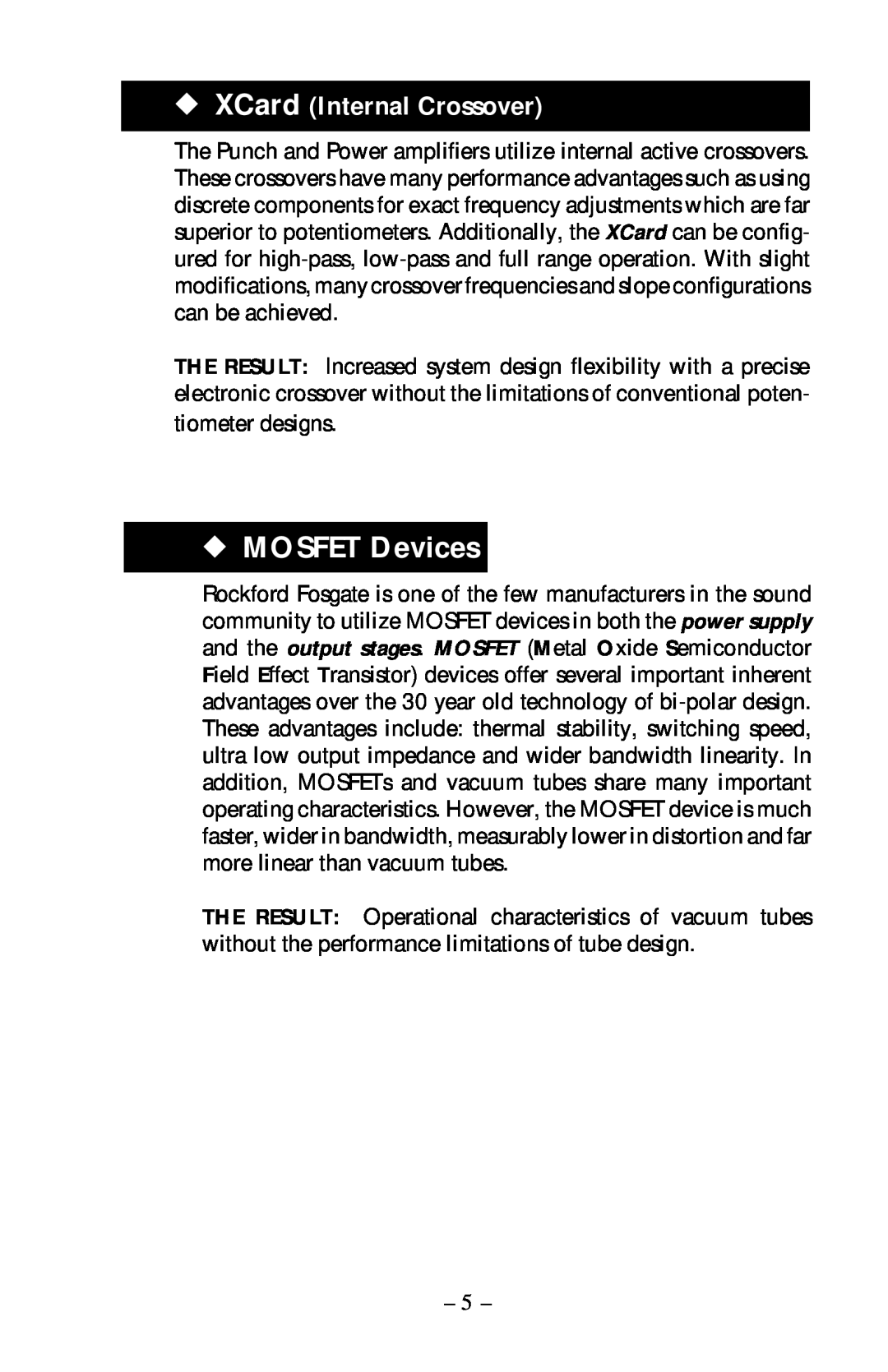Rockford Fosgate 60ix, 40ix, 200ix, 100ix operation manual MOSFET Devices, XCard Internal Crossover 