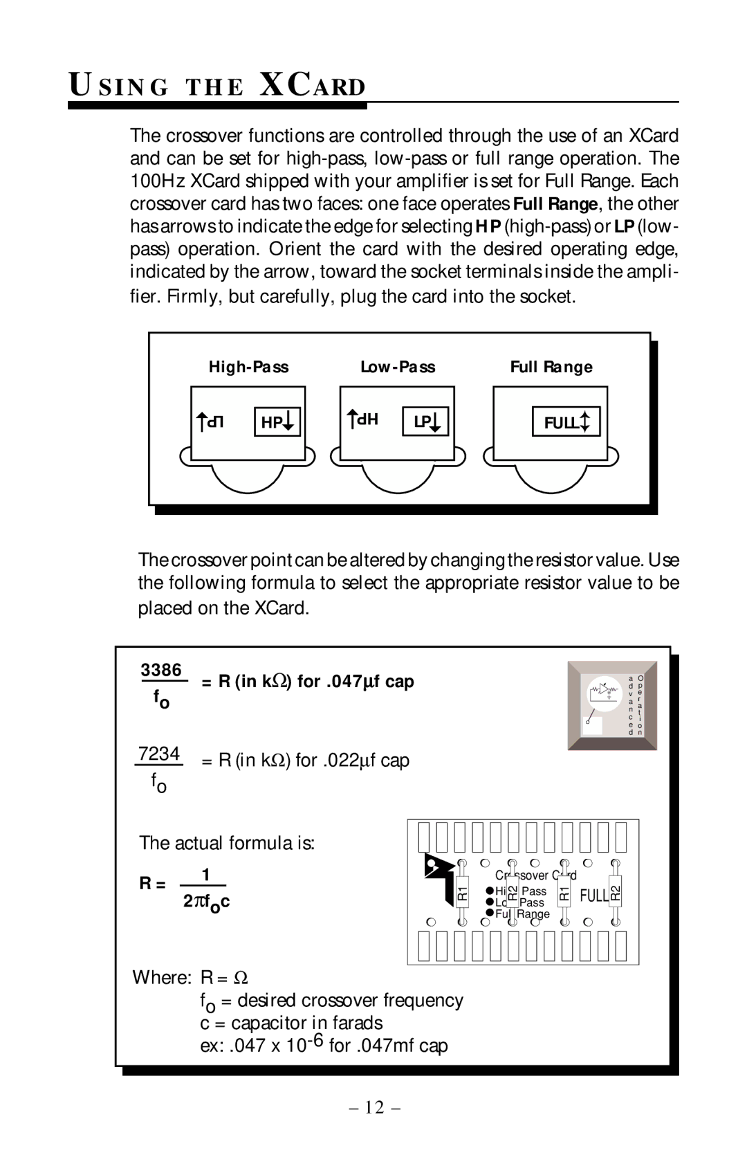 Rockford Fosgate 40X2 manual I N G T H E Xcard, 3386, Actual formula is, = R in kΩ For .047∝ f cap 