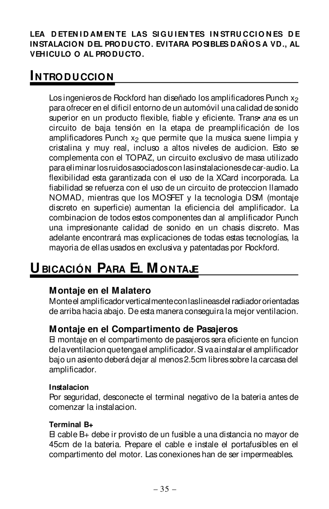 Rockford Fosgate 40X2 manual Montaje en el Malatero, Montaje en el Compartimento de Pasajeros, Instalacion, Terminal B+ 