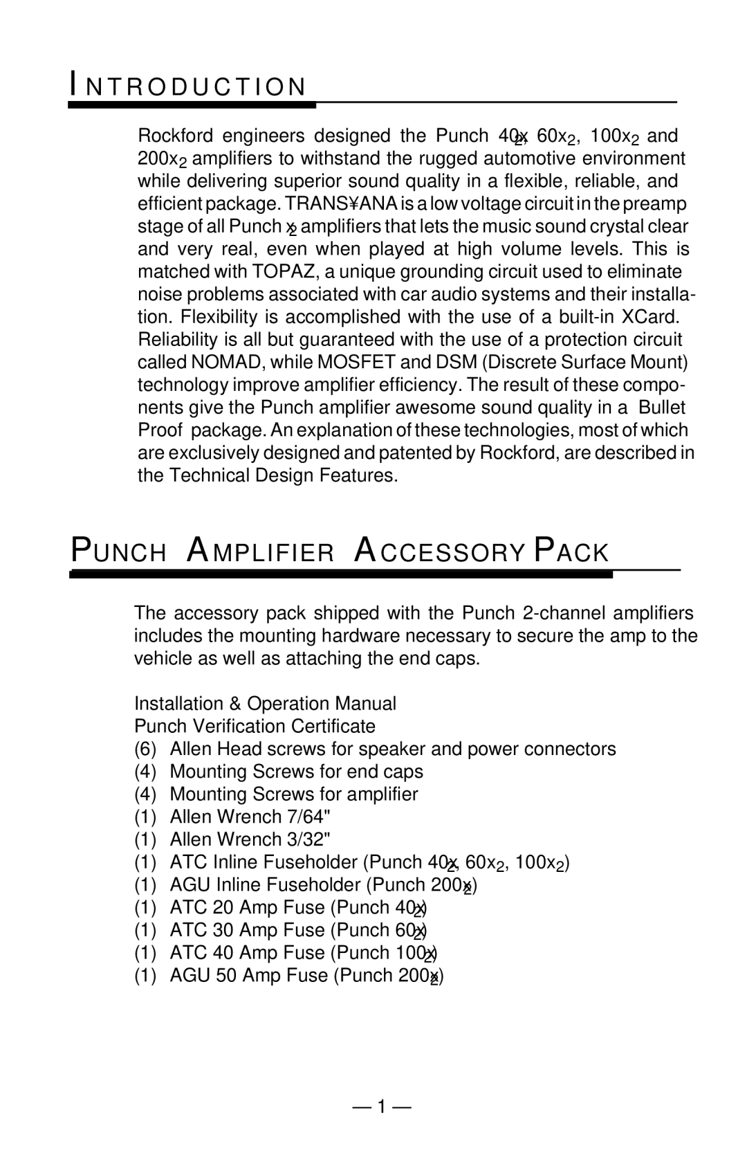 Rockford Fosgate 40X2 manual T R O D U C T I O N, Punch Amplifier Accessory Pack 