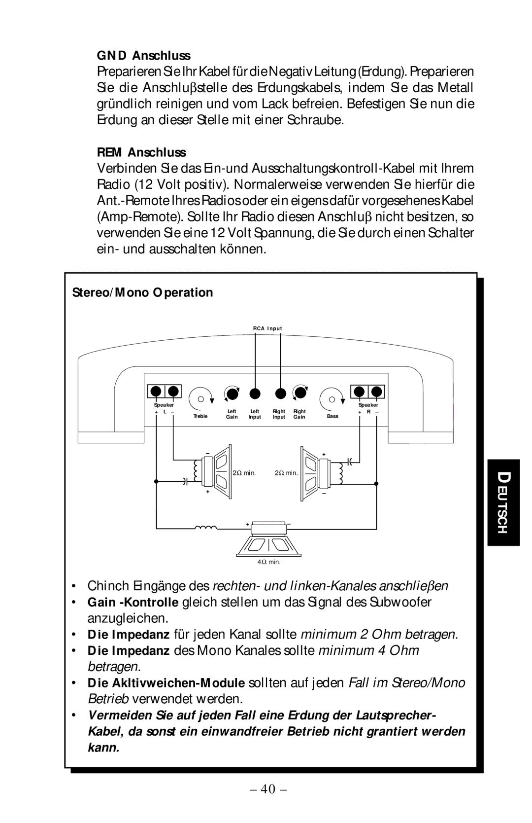 Rockford Fosgate 40X2 manual GND Anschluss, REM Anschluss 