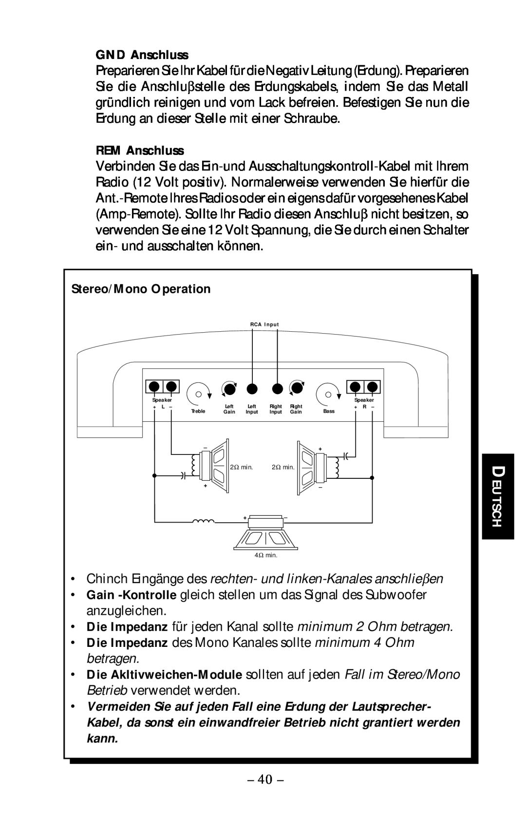 Rockford Fosgate 40X2 manual GND Anschluss, REM Anschluss, Stereo/Mono Operation 
