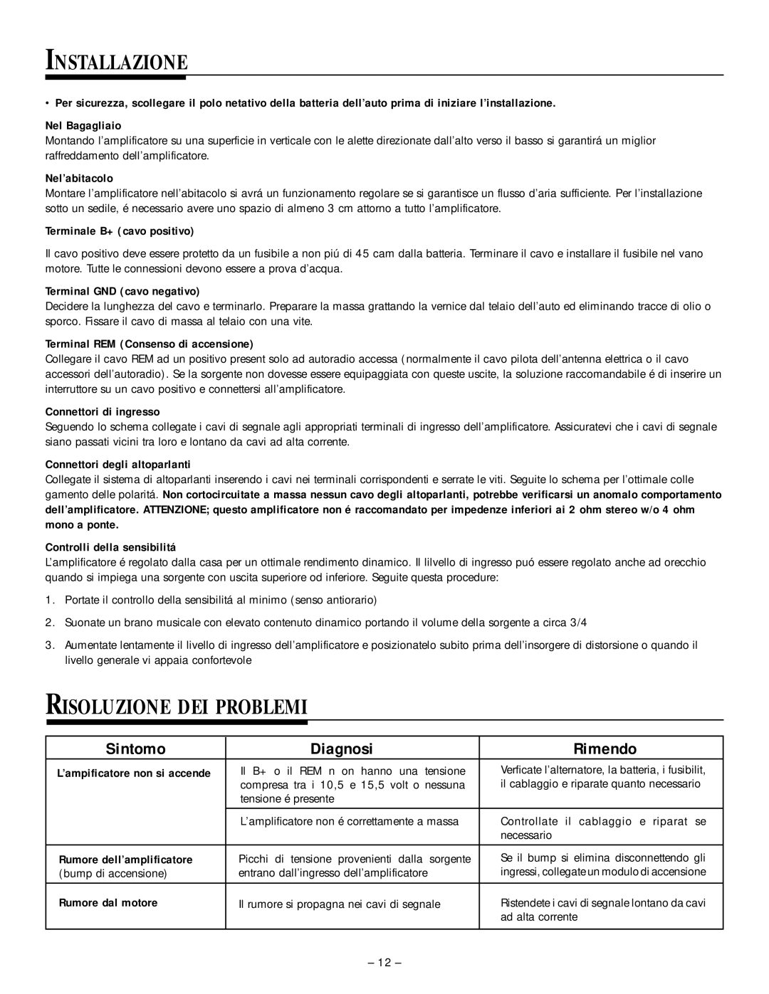 Rockford Fosgate 45.2 manual Installazione, Risoluzione DEI Problemi, Sintomo Diagnosi Rimendo 