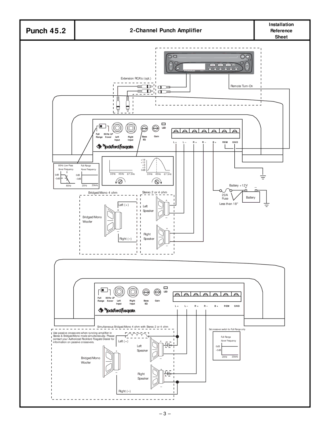 Rockford Fosgate 45.2 manual Installation Reference Sheet, Extension RCAs opt Remote Turn-On 