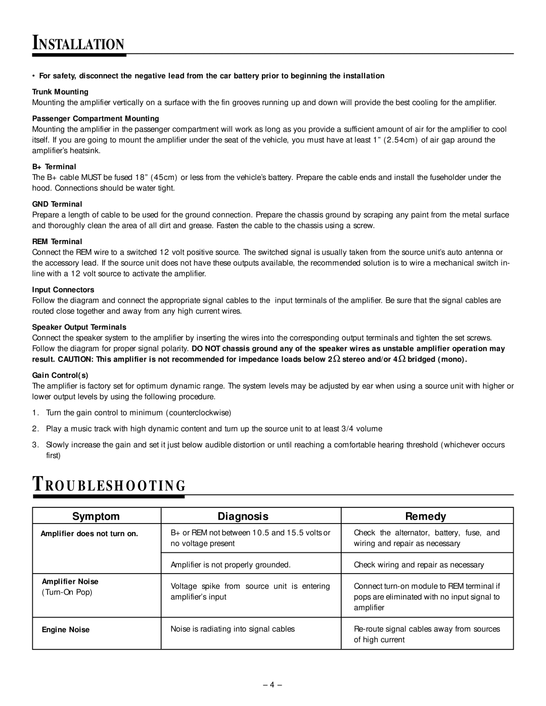 Rockford Fosgate 45.2 manual Installation, Troubleshooting, Symptom Diagnosis Remedy 