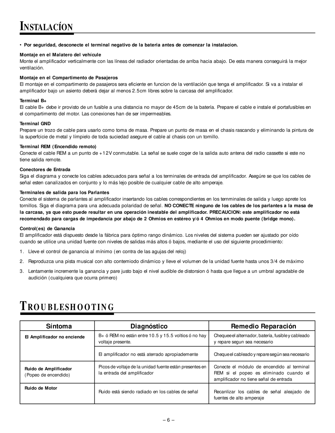 Rockford Fosgate 45.2 manual Instalacíon, Síntoma Diagnóstico Remedio Reparación 
