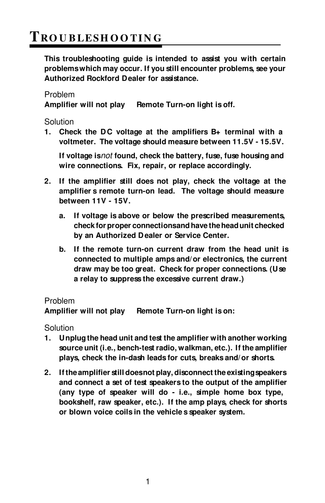 Rockford Fosgate 2300, 4600X, 2600X owner manual Troubleshooting, Problem, Solution 