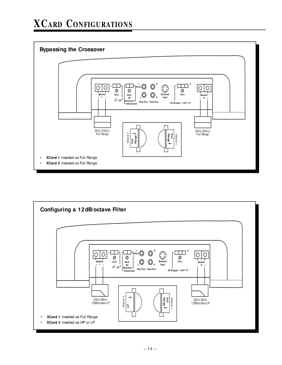 Rockford Fosgate 500.2 manual Xcard Configurations, Bypassing the Crossover, Configuring a 12dB/octave Filter 