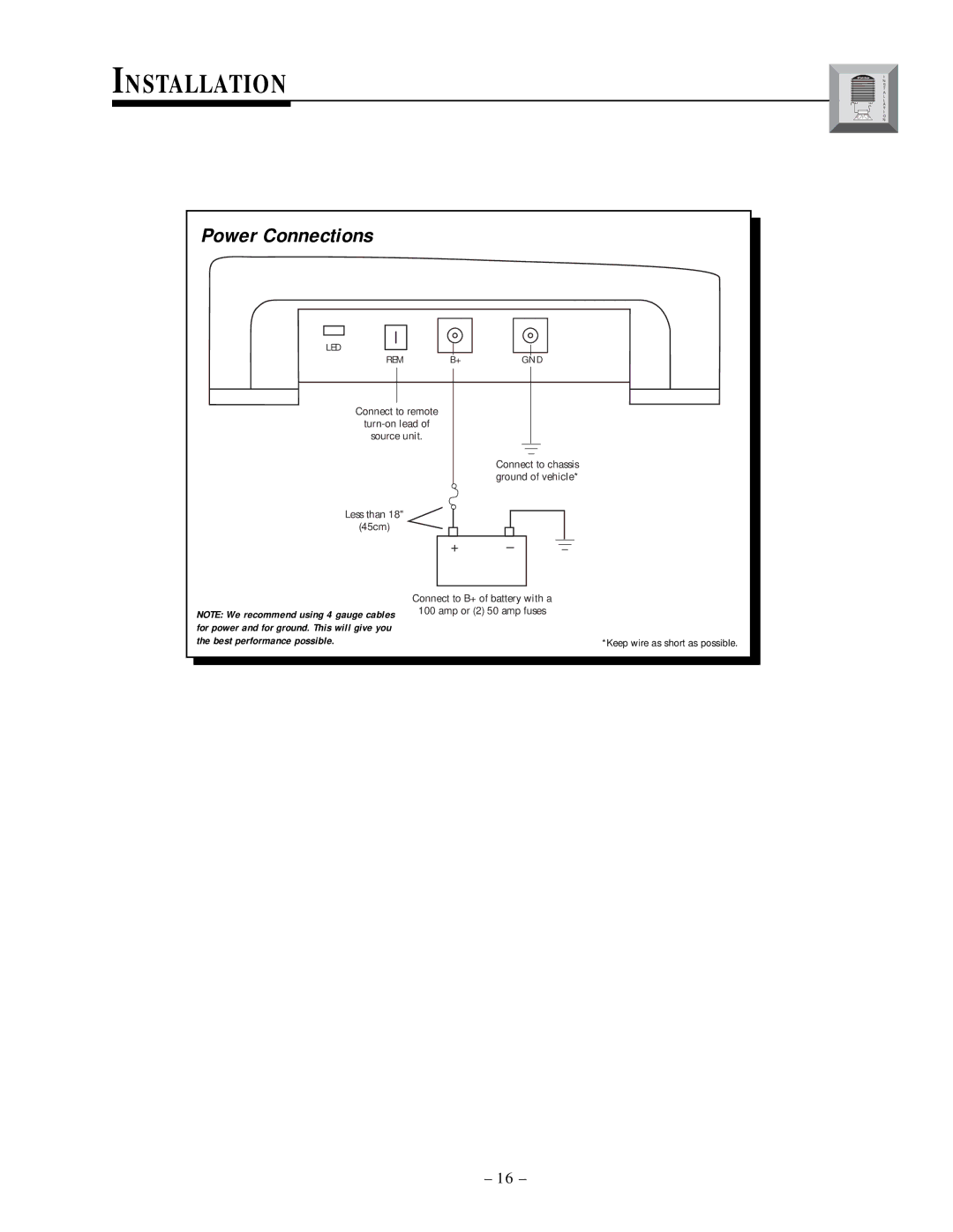 Rockford Fosgate 500.2 manual Installation, Power Connections 