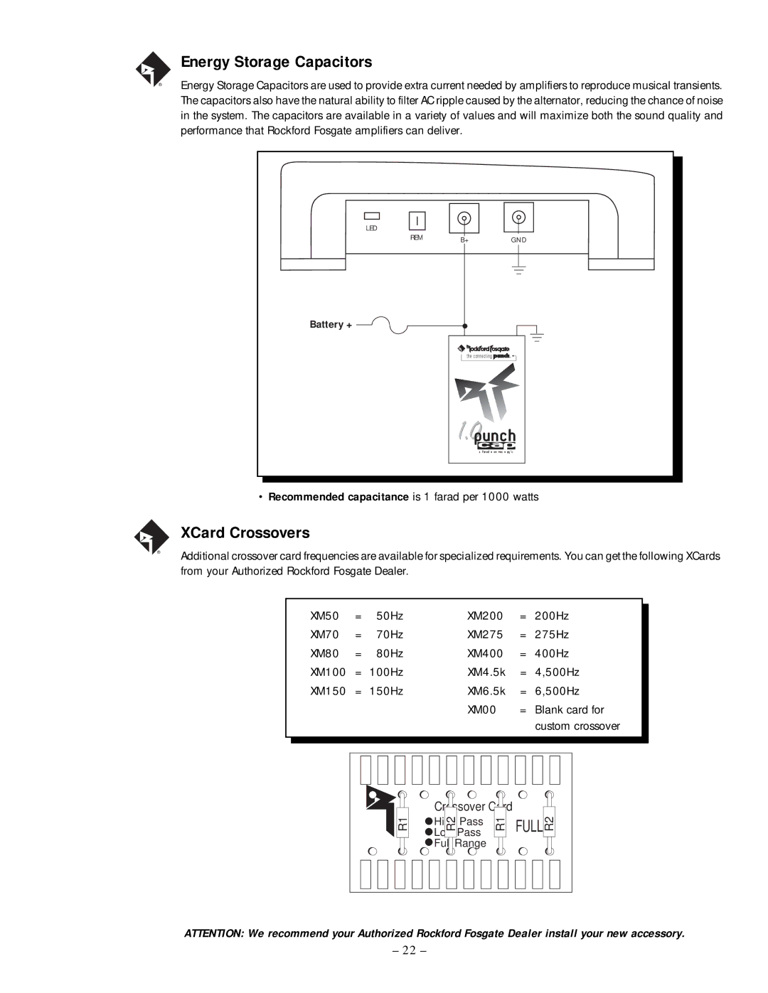 Rockford Fosgate 500.2 manual Energy Storage Capacitors, XCard Crossovers 