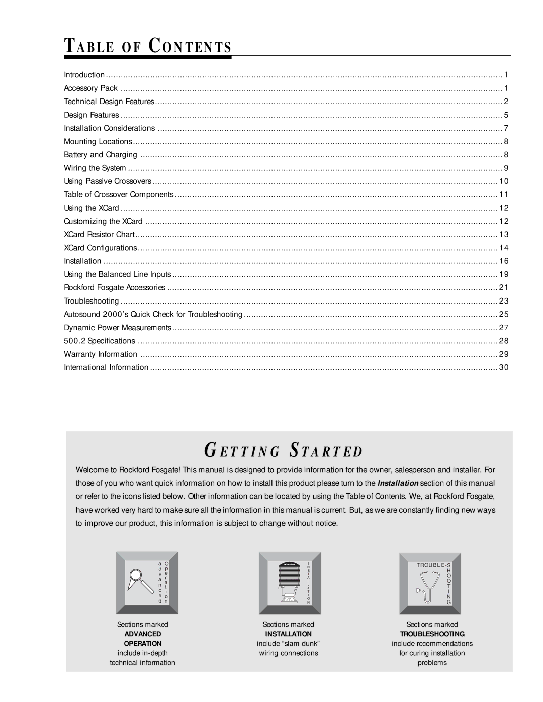 Rockford Fosgate 500.2 manual Table of Contents, T T I N G S Ta R T E D 