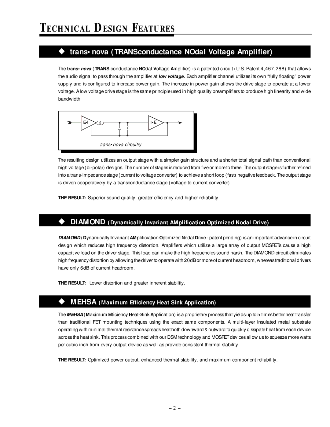 Rockford Fosgate 500.2 manual Technical Design Features, Transnova TRANSconductance NOdal Voltage Amplifier 