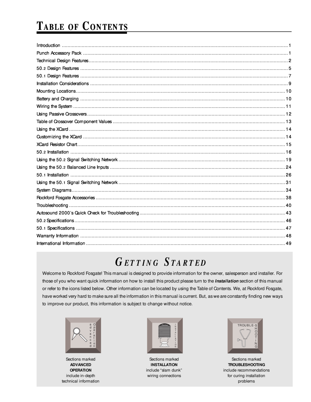 Rockford Fosgate 50.1, 50.2 manual Table Of Contents, G E T T I N G S Ta R T E D 