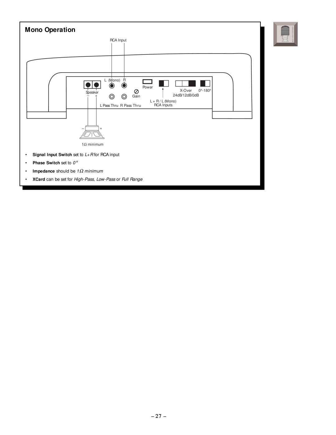 Rockford Fosgate 50.2, 50.1 manual Mono Operation, Phase Switch set to 