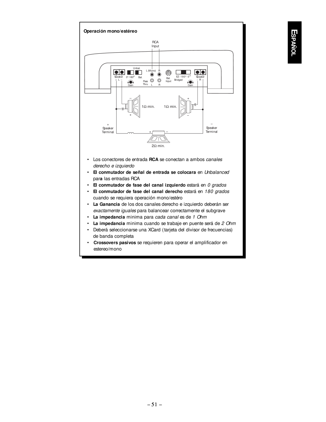 Rockford Fosgate 50.2, 50.1 manual Español, Operación mono/estéreo 