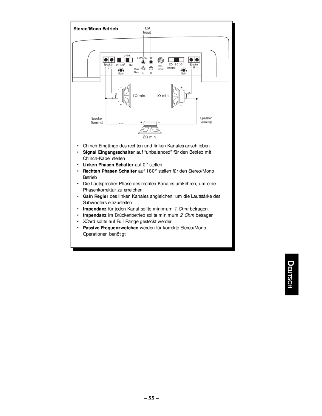 Rockford Fosgate 50.2, 50.1 manual Deutsch, Stereo/Mono Betrieb, Linken Phasen Schalter auf 0 stellen 