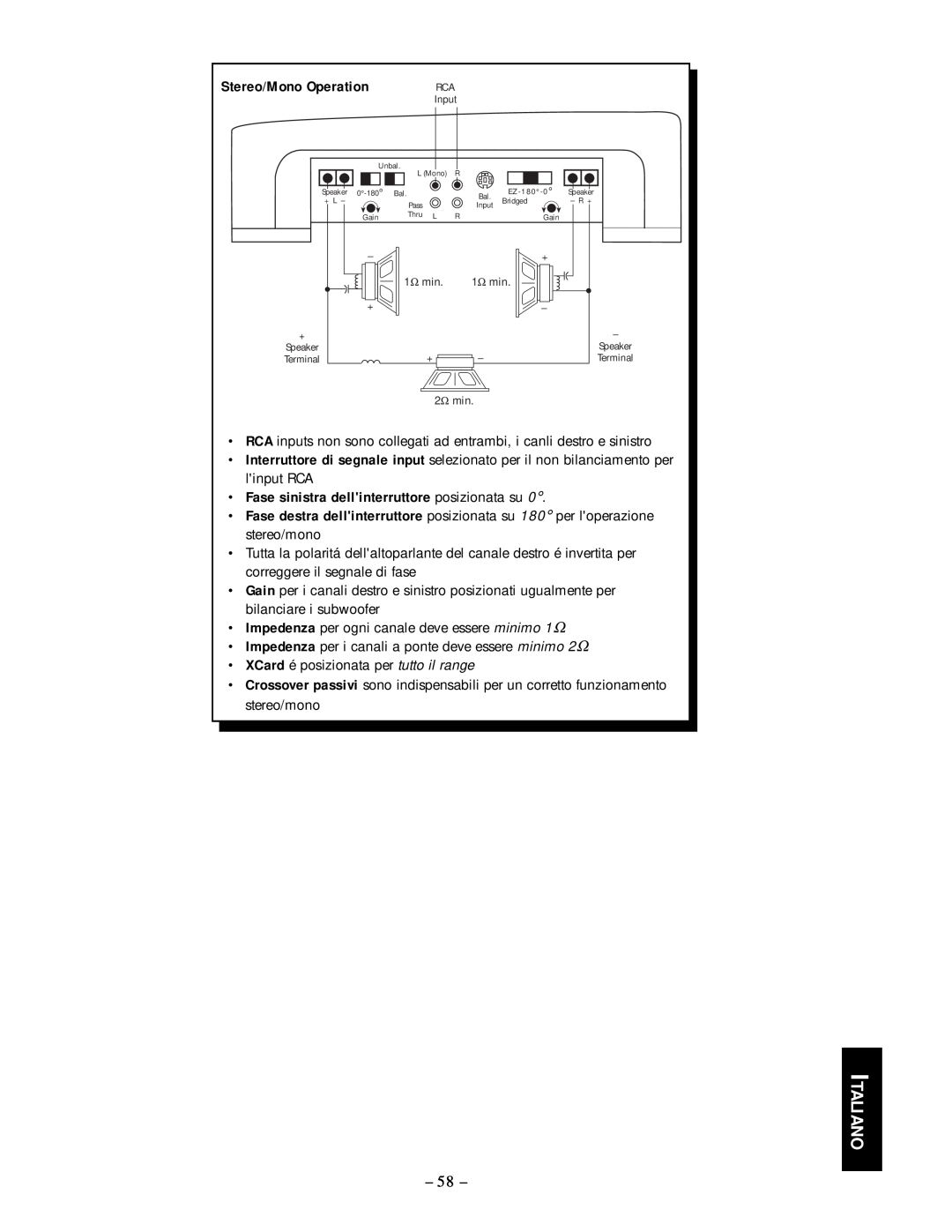 Rockford Fosgate 50.2, 50.1 manual Italiano, Stereo/Mono Operation, Fase sinistra dellinterruttore posizionata su 