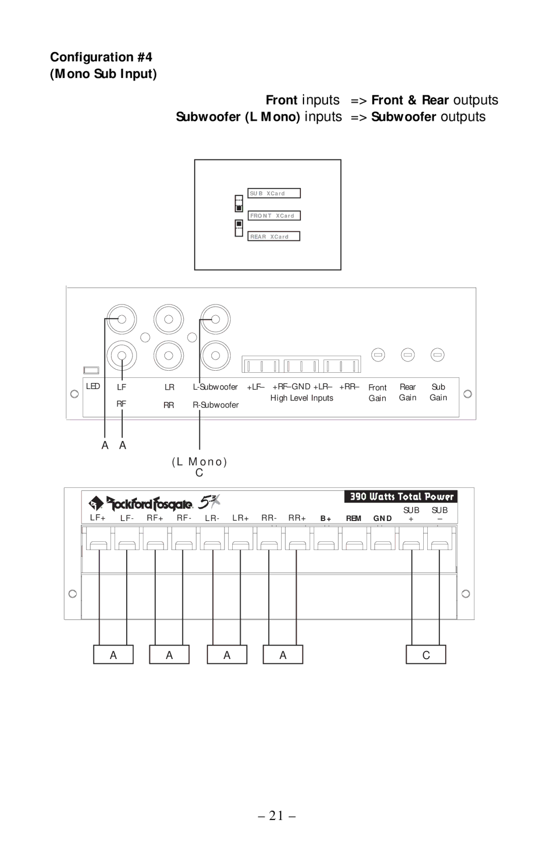 Rockford Fosgate 5.3x manual Configuration #4 Mono Sub Input Front inputs, Subwoofer L Mono inputs 