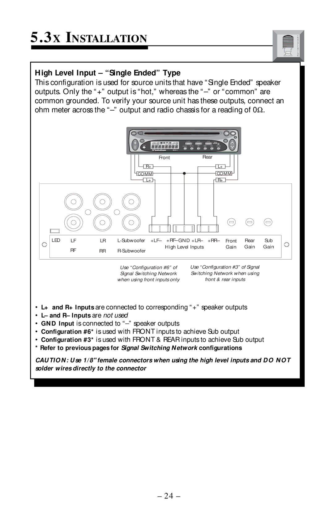 Rockford Fosgate 5.3x manual 3X Installation, High Level Input Single Ended Type 