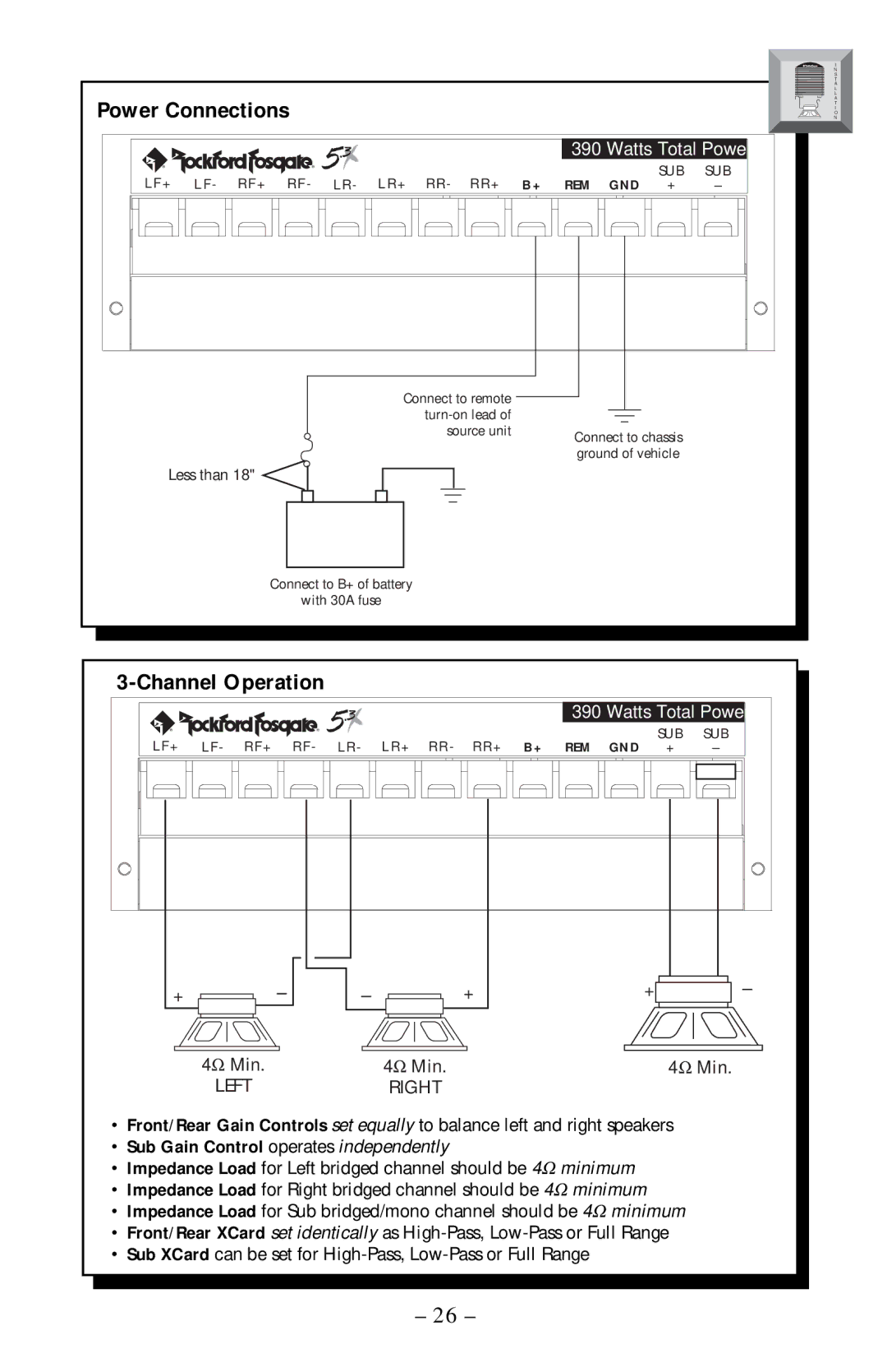 Rockford Fosgate 5.3x manual Power Connections, Channel Operation 