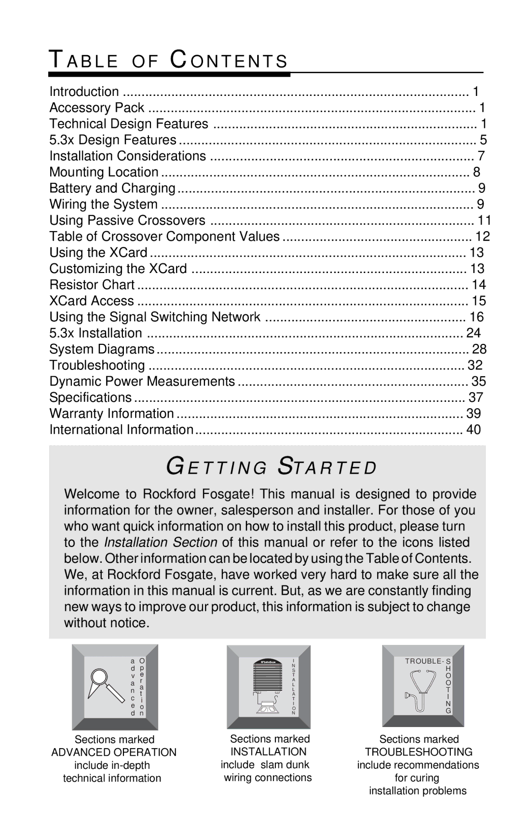 Rockford Fosgate 5.3x manual Ta B L E O F Co N T E N T S, T T I N G S T a R T E D 