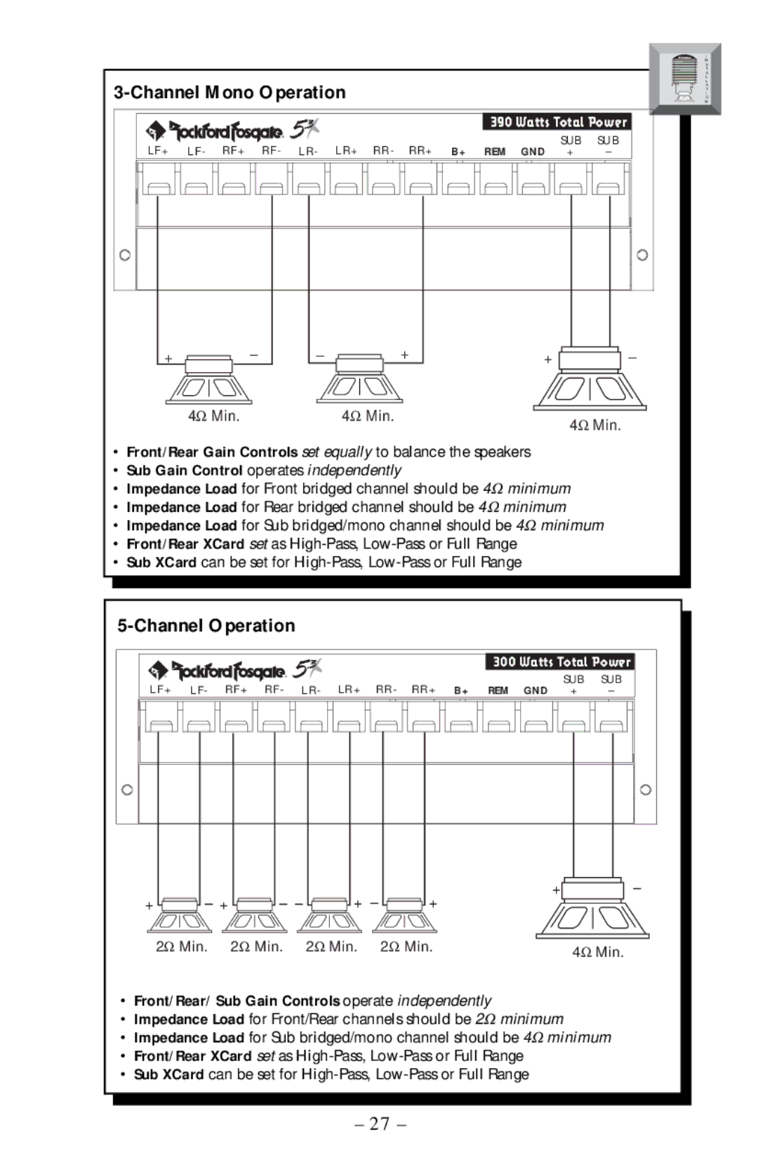 Rockford Fosgate 5.3x manual Channel Mono Operation, Sub Gain Control operates independently 