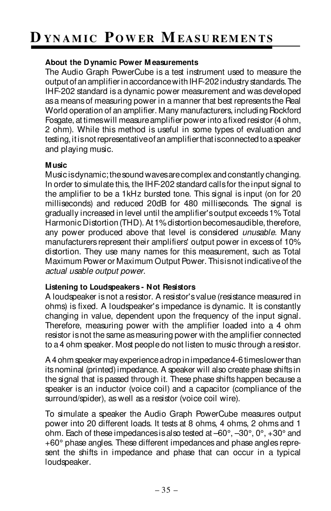 Rockford Fosgate 5.3x manual DY N a M I C PO W E R ME a S U R E M E N T S, About the Dynamic Power Measurements, Music 