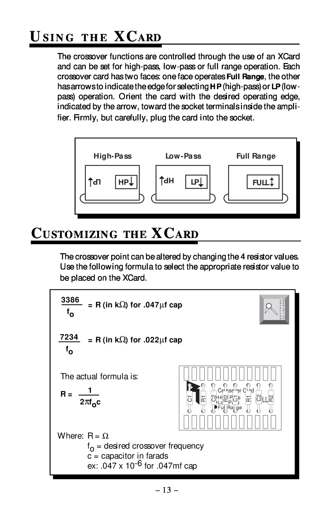 Rockford Fosgate 5.3x manual Us I N G T H E Xcard, Customizing The Xcard, 3386, 7234, 2πfoc, Where R = Ω 