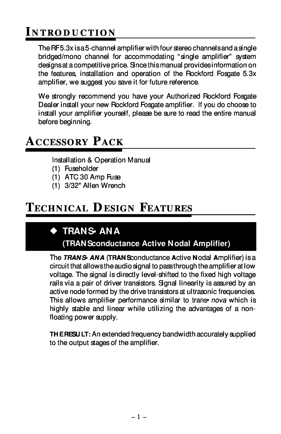 Rockford Fosgate 5.3x manual Trans Ana, In T R O D U C T I O N, Accessory Pack, Technical Design Features 