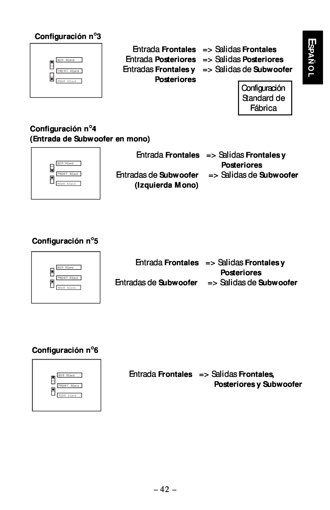Rockford Fosgate 5.3x manual Configuración n3, Posteriores, Español, Configuración n4 Entrada de Subwoofer en mono 
