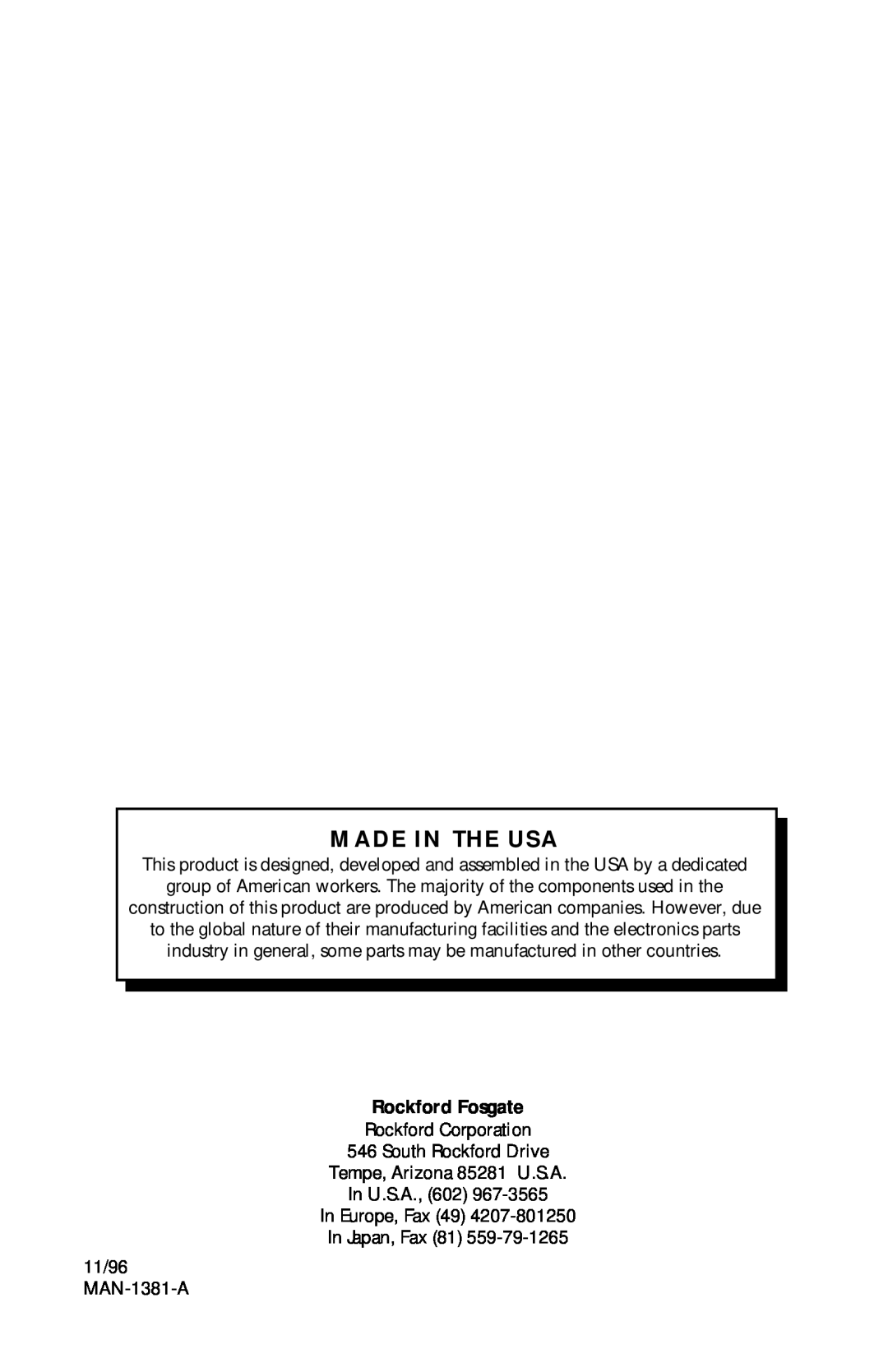 Rockford Fosgate 5.3x manual Made In The Usa, Rockford Fosgate 