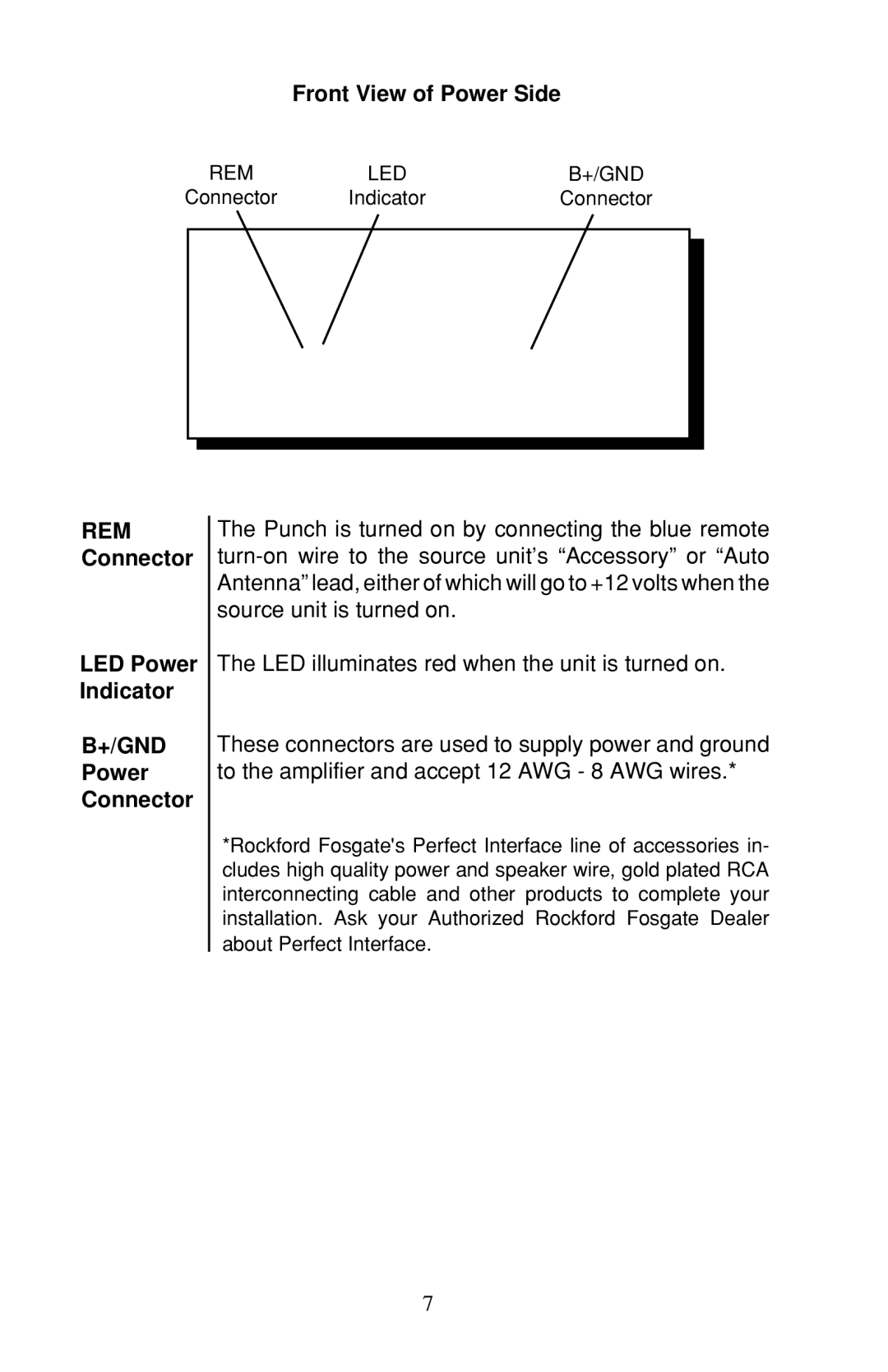 Rockford Fosgate 200X2, 60X2, 100X2 owner manual Front View of Power Side, REM Connector LED Power Indicator, Power Connector 
