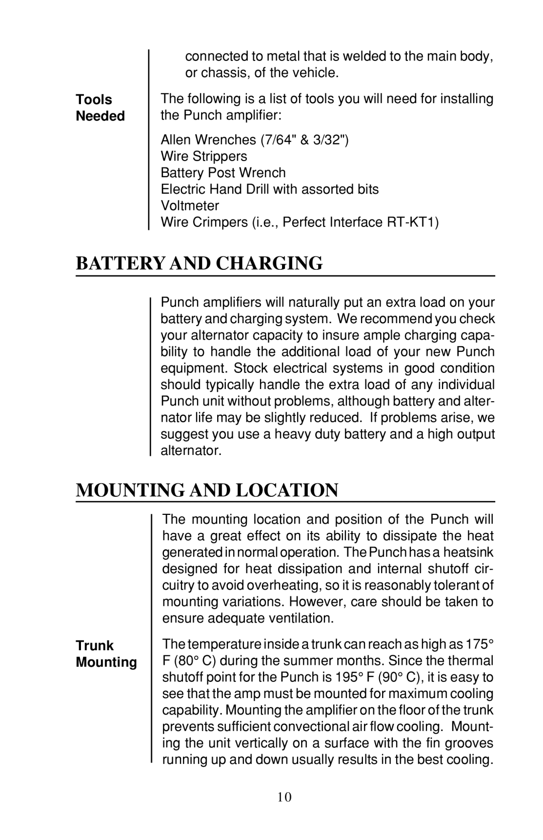 Rockford Fosgate 200X2, 60X2, 100X2 owner manual Battery and Charging, Mounting and Location, Tools Needed, Trunk Mounting 