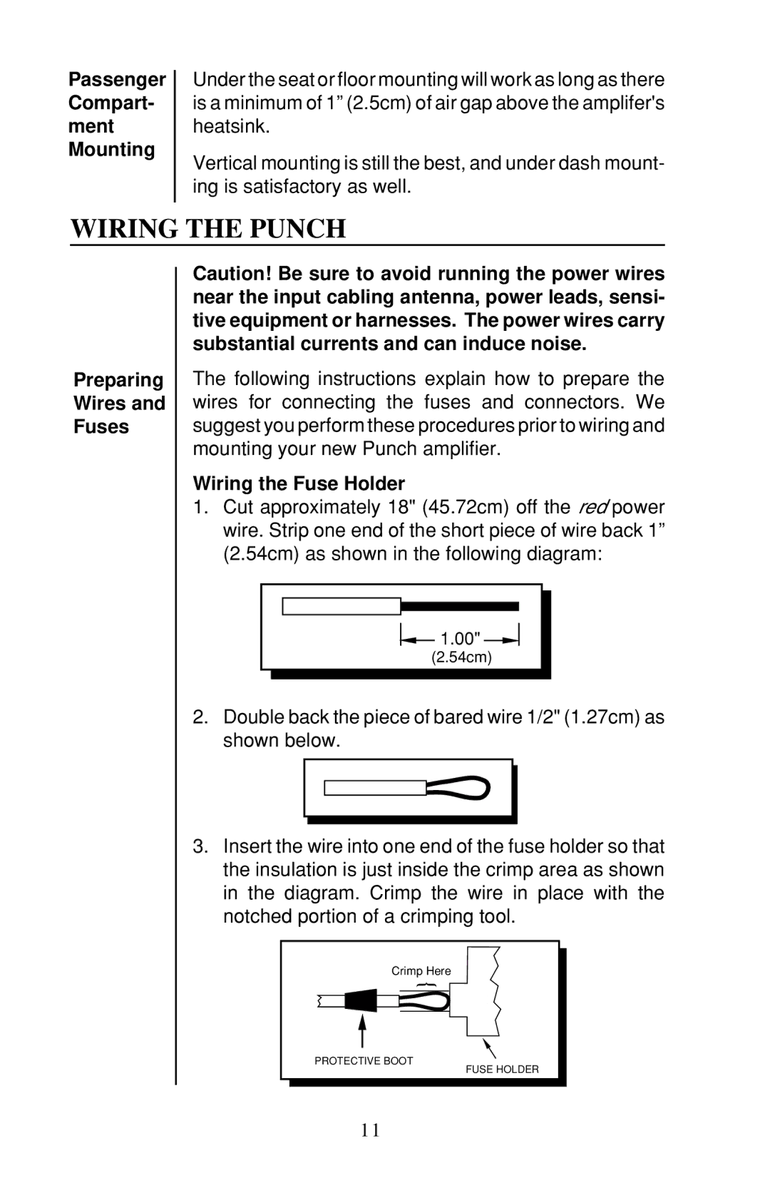 Rockford Fosgate 100X2 Wiring the Punch, Passenger Compart- ment Mounting, Preparing Wires Fuses, Wiring the Fuse Holder 