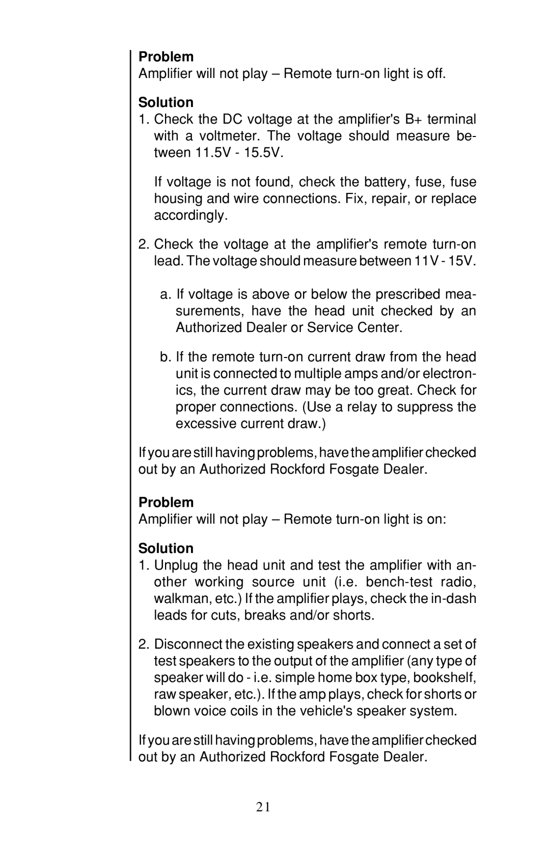 Rockford Fosgate 60X2, 200X2, 100X2 owner manual Amplifier will not play Remote turn-on light is off 