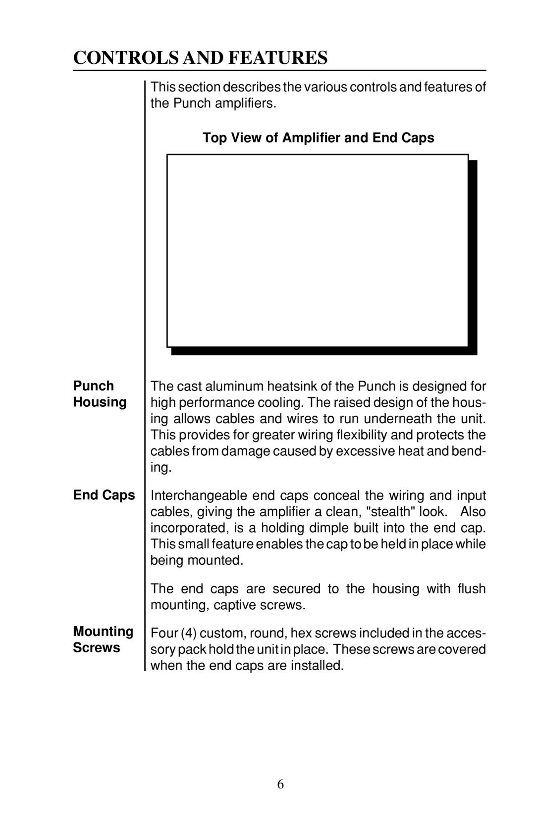 Rockford Fosgate 60X2 Controls and Features, Punch Housing End Caps Mounting Screws, Top View of Amplifier and End Caps 