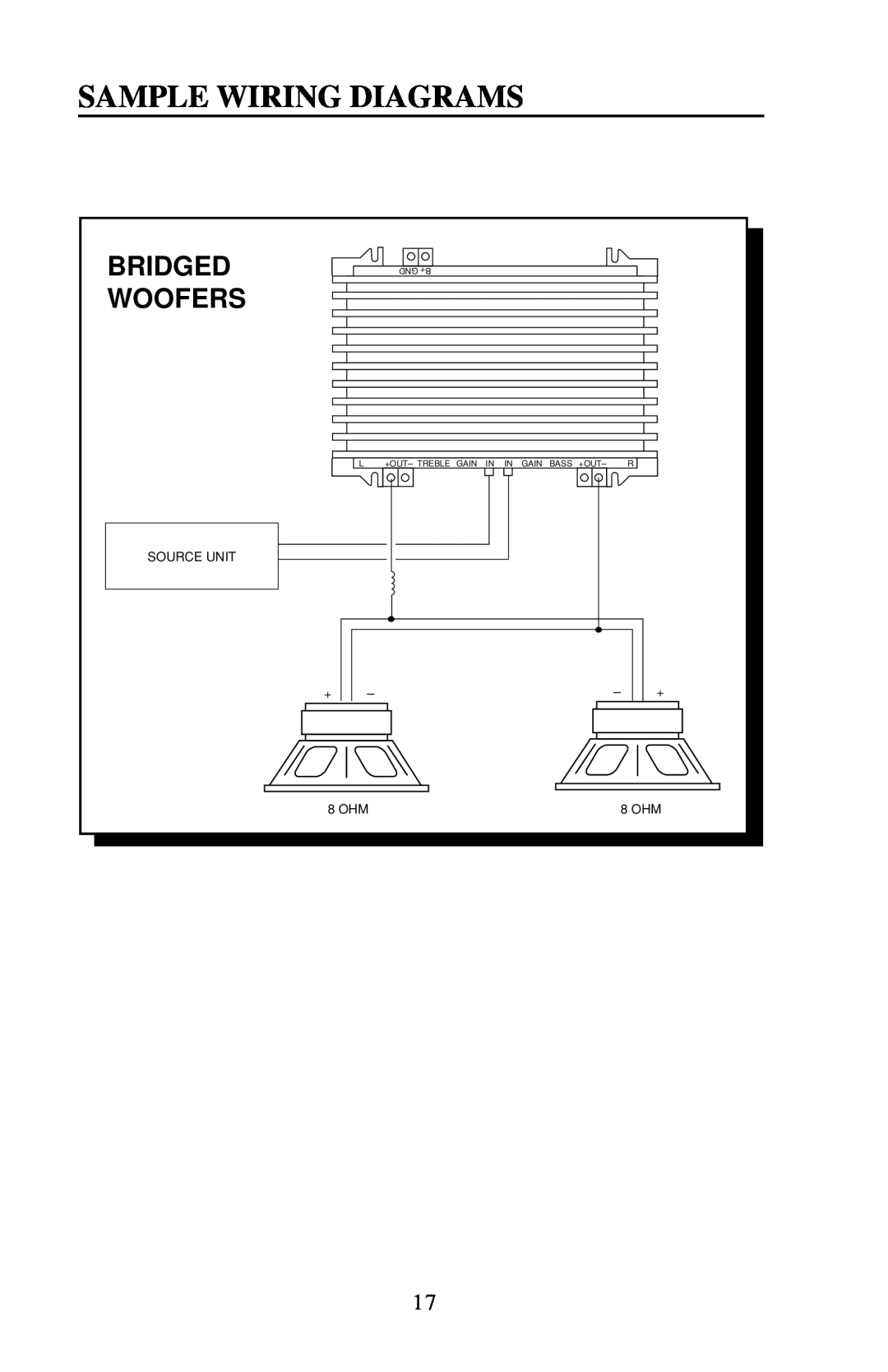 Rockford Fosgate 100X2, 60X2, 200X2 owner manual Sample Wiring Diagrams, Bridged, Woofers, 8 OHM 