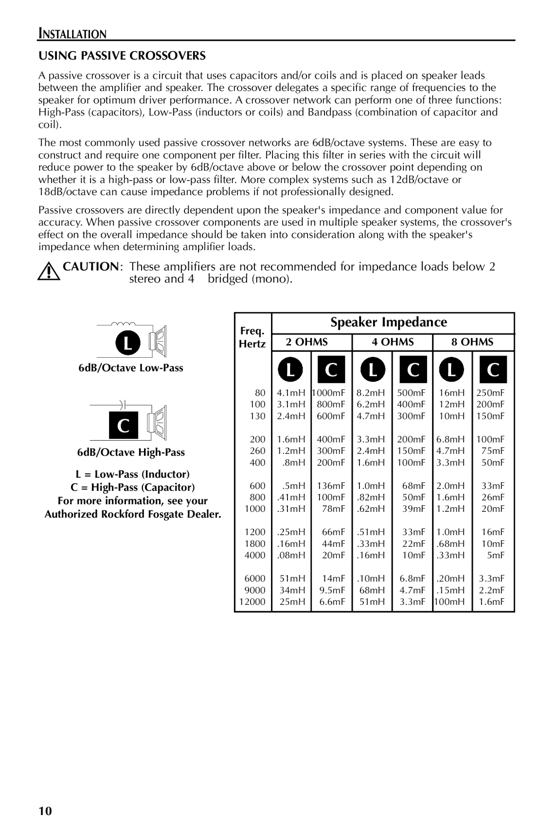 Rockford Fosgate 400S, 700S, 500S, 150S, 200S, 300S manual Installation Using Passive Crossovers, Speaker Impedance 