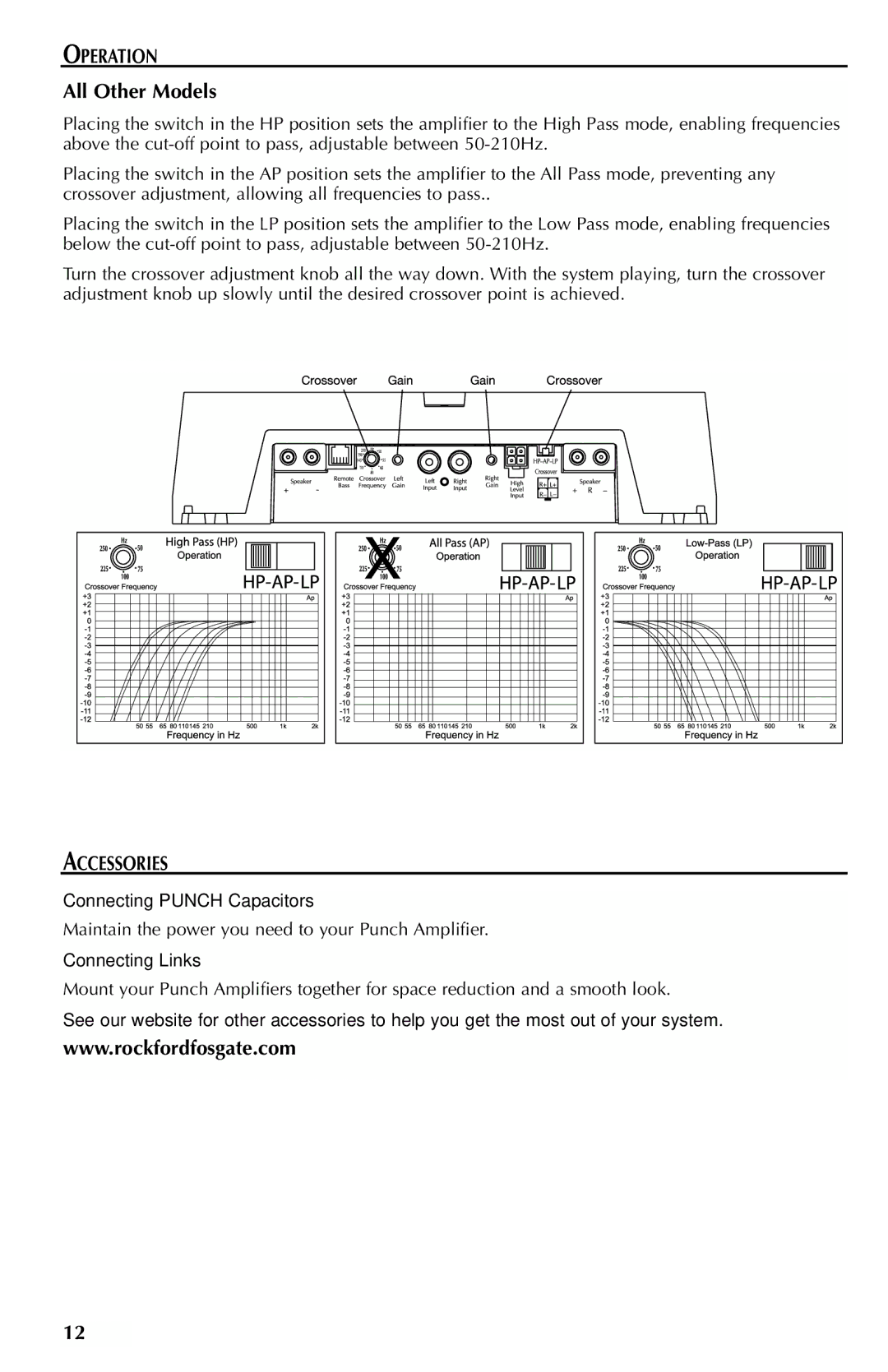 Rockford Fosgate 700S, 500S, 150S Operation, All Other Models, Accessories, Connecting Punch Capacitors, Connecting Links 