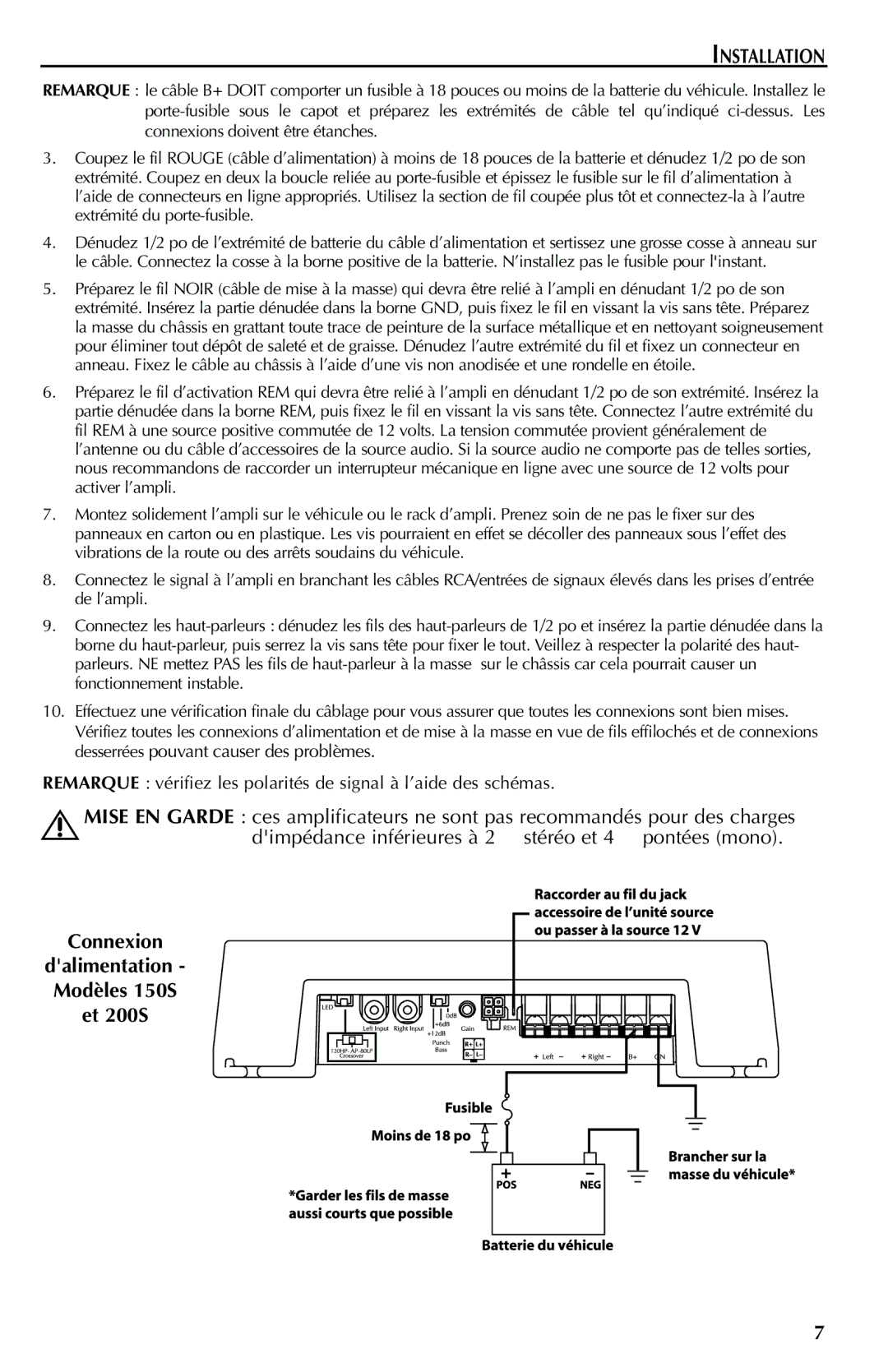 Rockford Fosgate 700S, 500S, 400S, 300S manual Connexion Dalimentation Modèles 150S Et 200S 