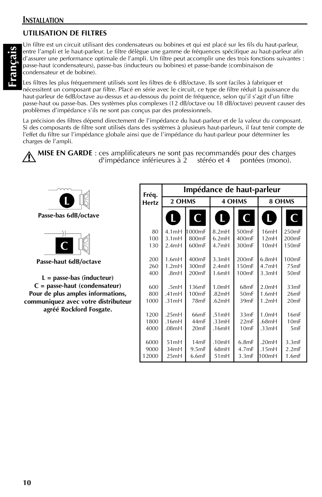Rockford Fosgate 700S, 500S, 150S, 200S, 400S, 300S manual Impédance de haut-parleur, Installation Utilisation DE Filtres 