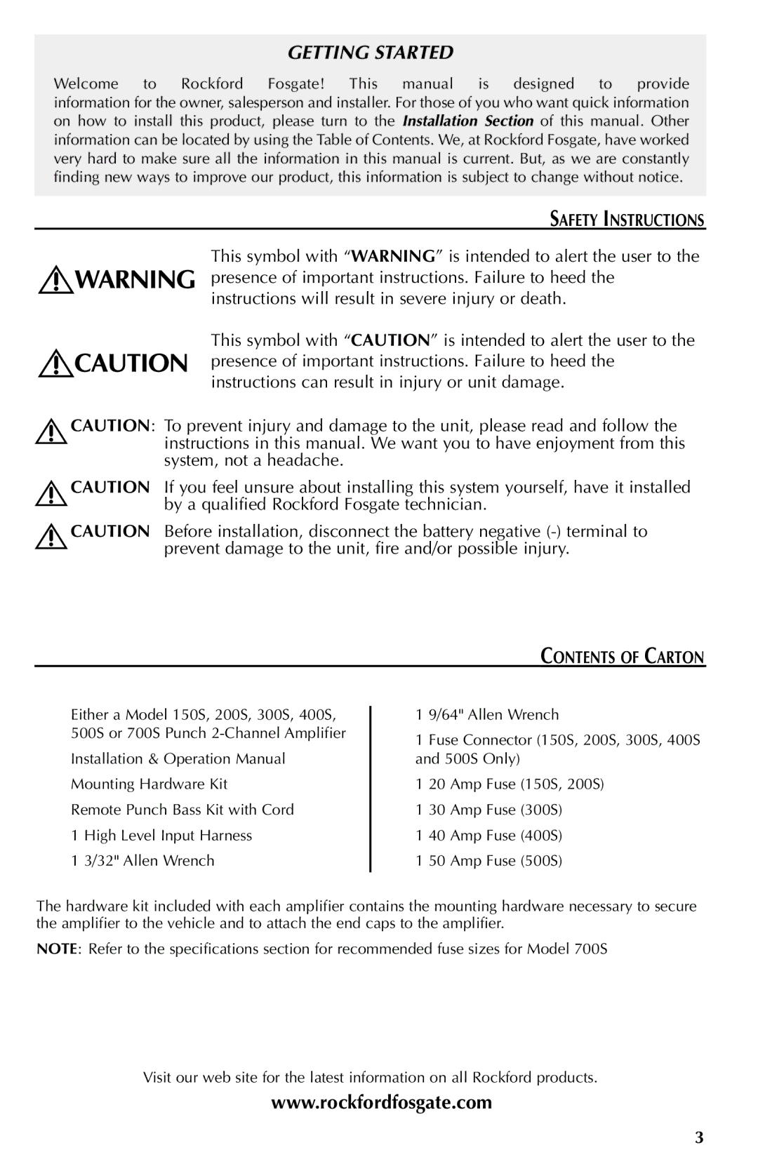 Rockford Fosgate 200S, 700S, 500S, 150S, 400S, 300S manual Safety Instructions, Contents of Carton 